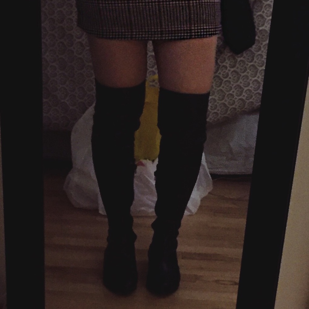 black faux leather over the knee boots